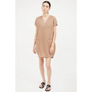 Marie Saint Pierre Tan Beige Perforated Short Sleeve V-Neck Shift Dr, Size 4 (1)